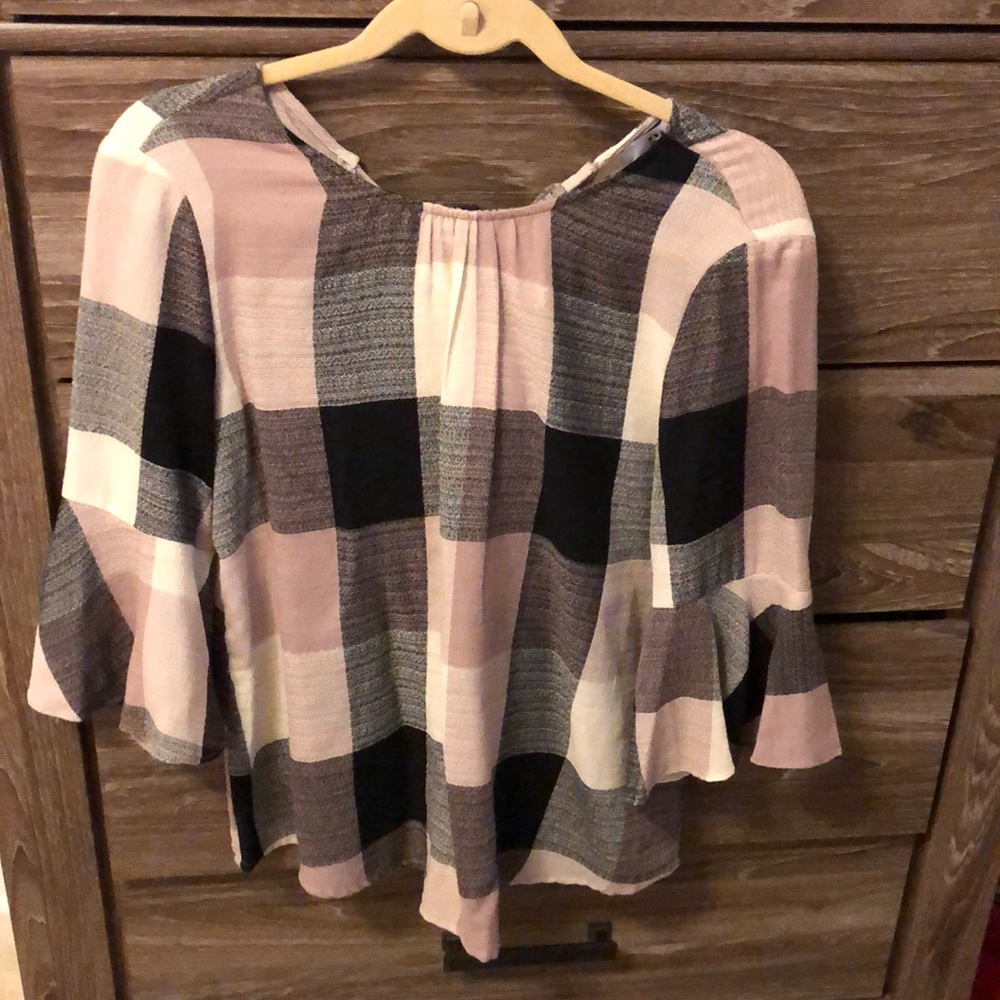 Cotton gingham check top, 3/4 length bell sleeves